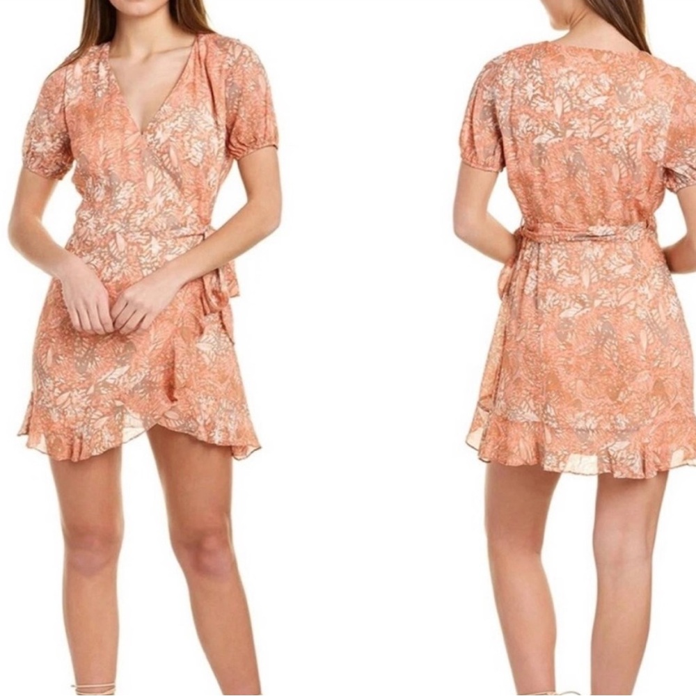 Sage The Label Peach Floral Wrap Mini Dress Boho V-Neck LB232004 Medium